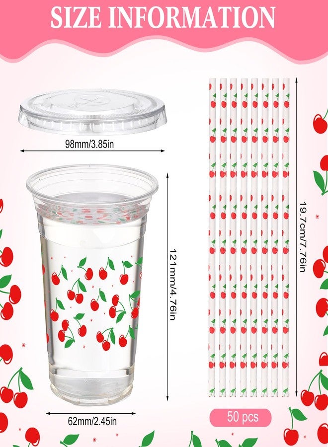 Funnymoom 50 Sets Cherry Disposable Plastic Cups Bulk with Lids Straws 16 oz Red Cherry Clear Plastic Cups Flower Cold Beverage Drinking Container for baby shower Birthday Daily Holiday Party Supplies - Image 2
